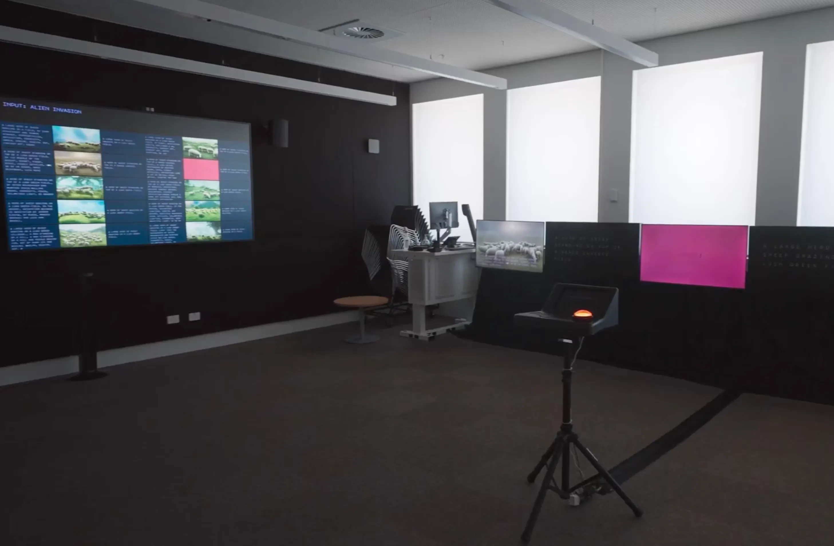 PANIC! installation view showing multiple screens displaying AI-generated image sequences