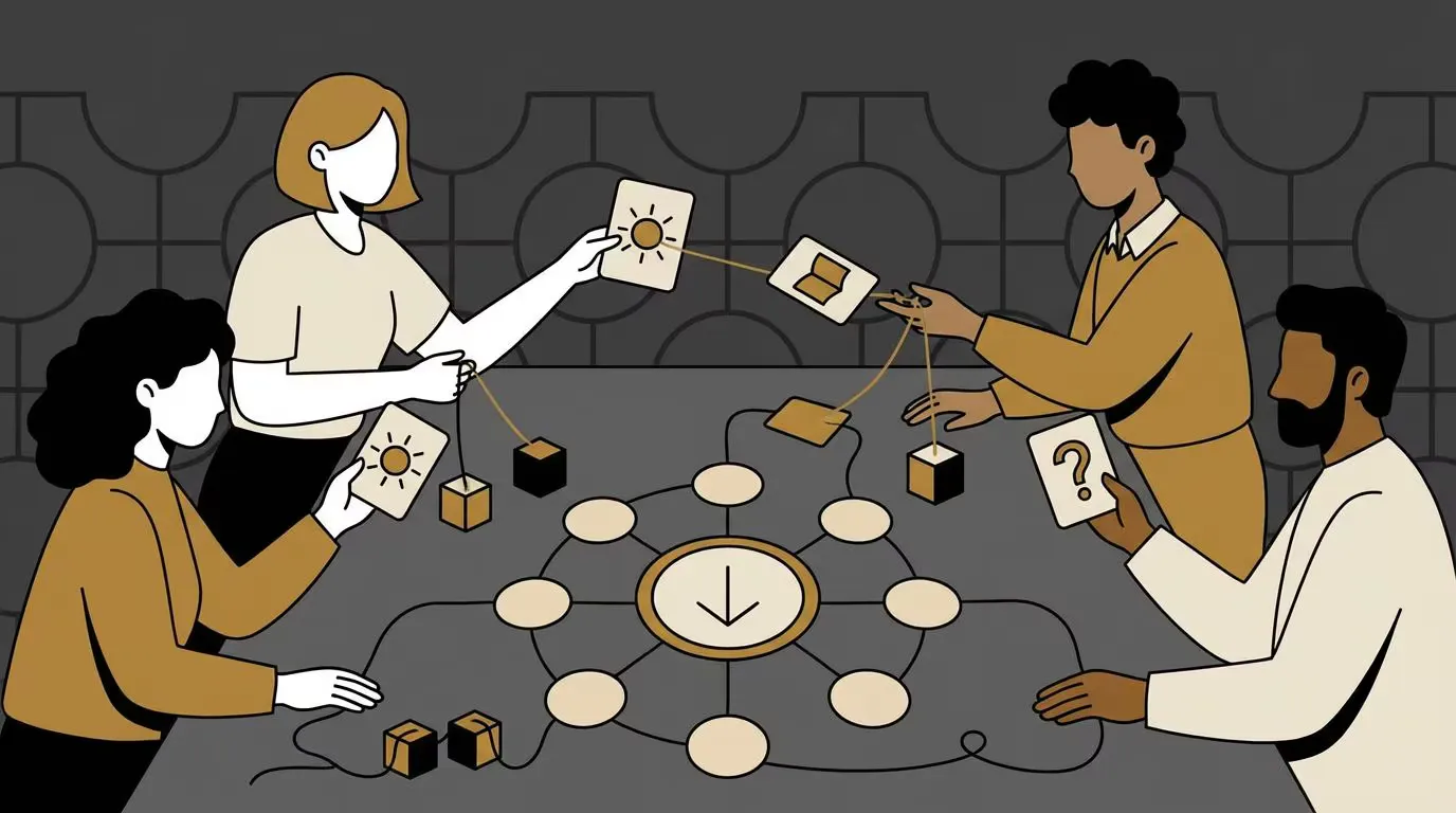 Stylised illustration of a hand writing on paper with dice, depicting the LLMs Unplugged activities