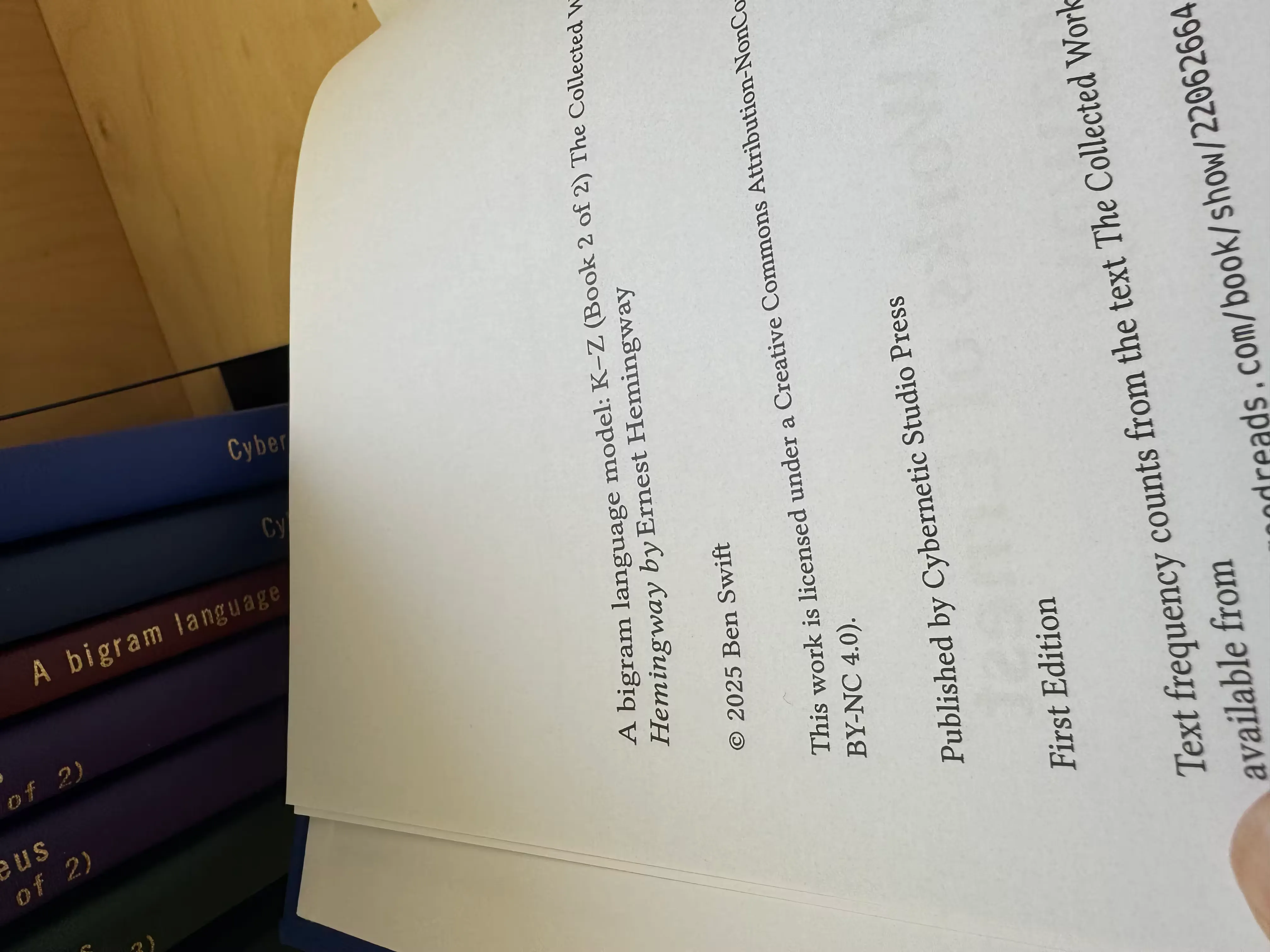 Title page of a Hemingway bigram volume, published by Cybernetic Studio Press